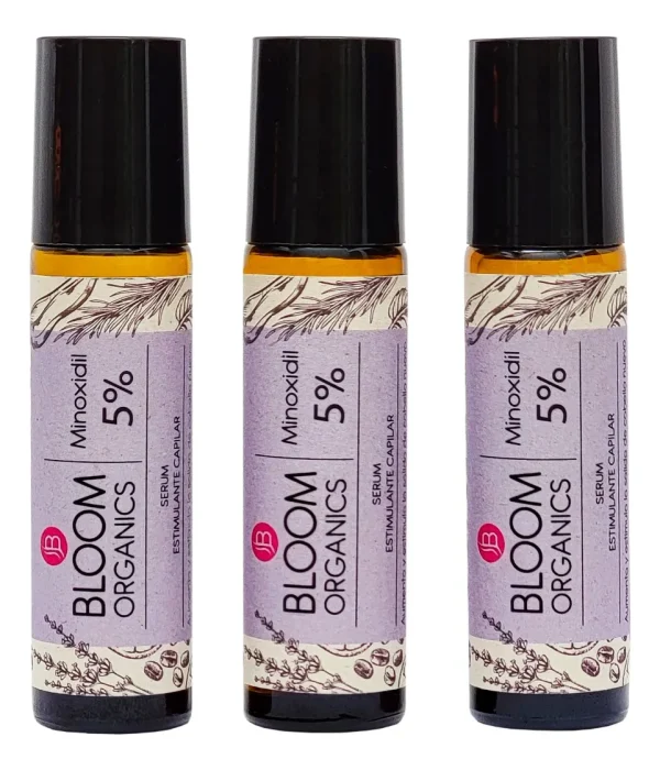 Minoxidil Al 5% Bloom Organics Con Cafeína En Roll On 3 Pzas