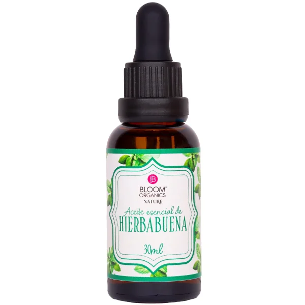 Frasco gotero ámbar de aceite esencial de hierbabuena Bloom Organics Nature, 30 ml.