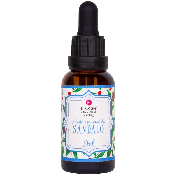 Frasco gotero ámbar de aceite esencial de sándalo Bloom Organics Nature, 30 ml.