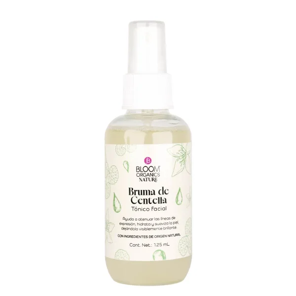 Bruma facial Bloom Organics con ácido hialurónico y centella asiática.