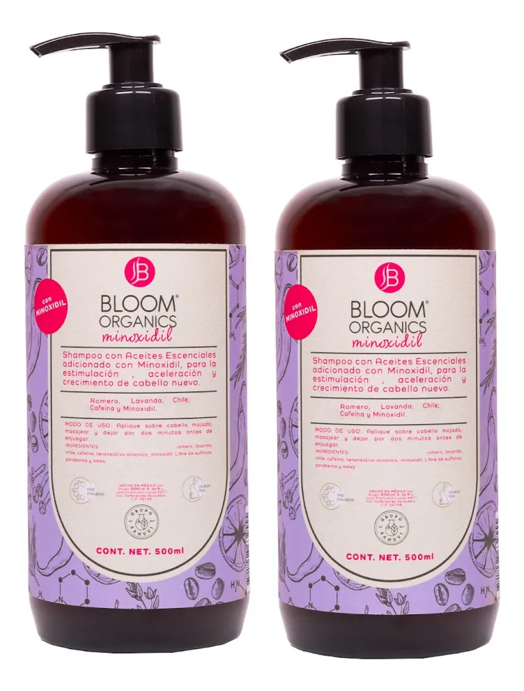 Shampo Bloom Organics Con Minoxidil, Cafeína Anticaída 2pzas