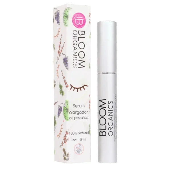 Serum alargador de pestañas Bloom Organics en su estuche.
