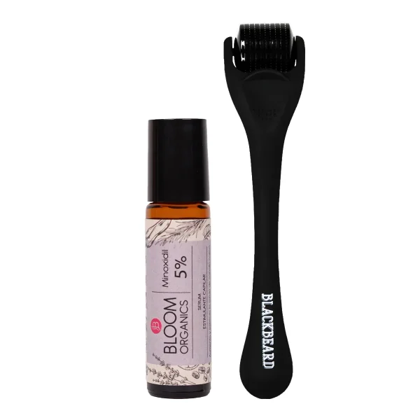 Serum estimulante capilar Bloom Organics con minoxidil al 5 % y dermaroller.