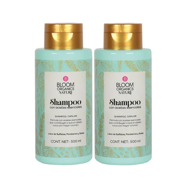 Dos botellas verde menta de shampoo Bloom Organics Nature con aceites esenciales, 500 ml cada una.