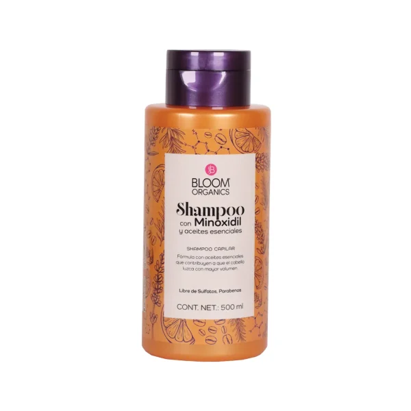 Botella de shampoo Bloom Organics con minoxidil, cafeína y aceites esenciales.